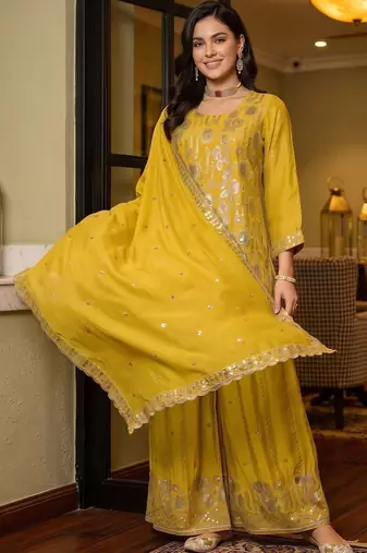 women ethnic motifs regular sequinned kurta with sharara & with dupatta