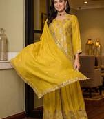 women ethnic motifs regular sequinned kurta with sharara & with dupatta