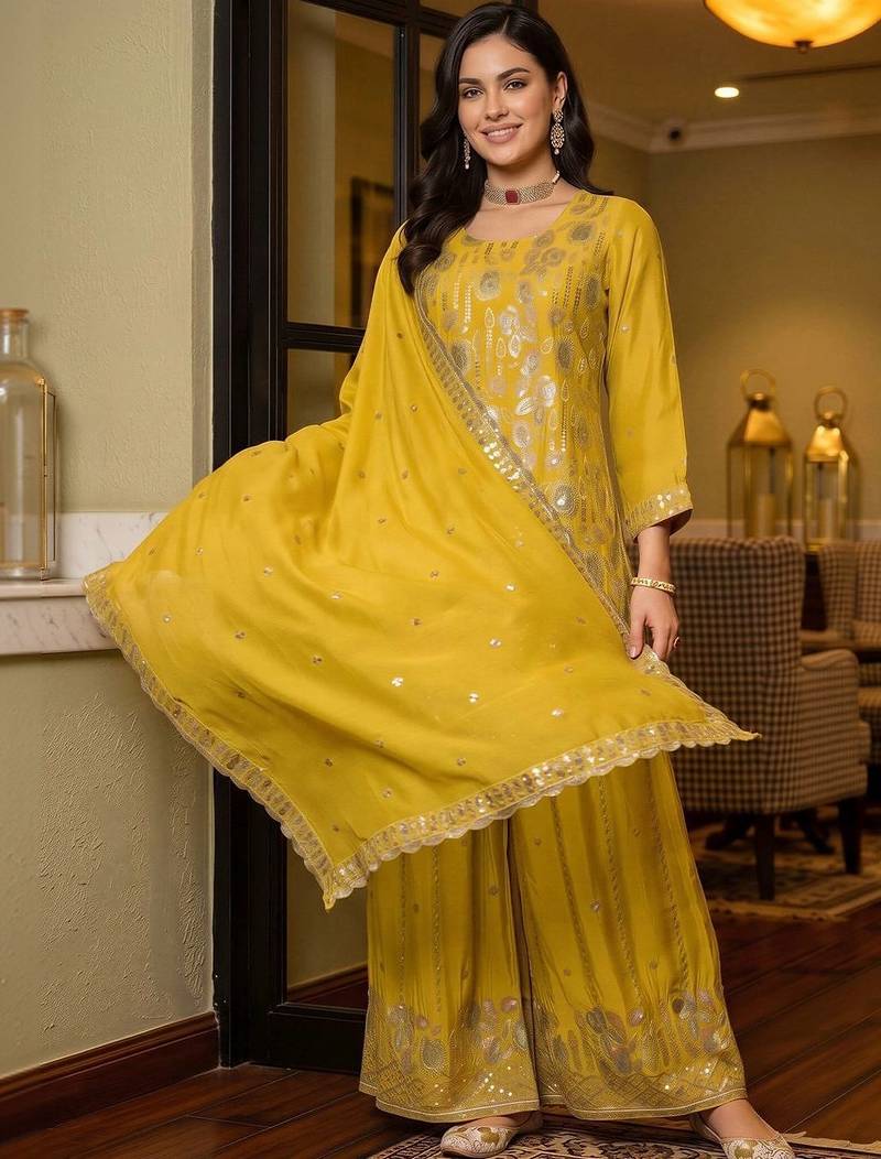 women ethnic motifs regular sequinned kurta with sharara & with dupatta
