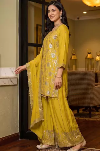 women ethnic motifs regular sequinned kurta with sharara & with dupatta