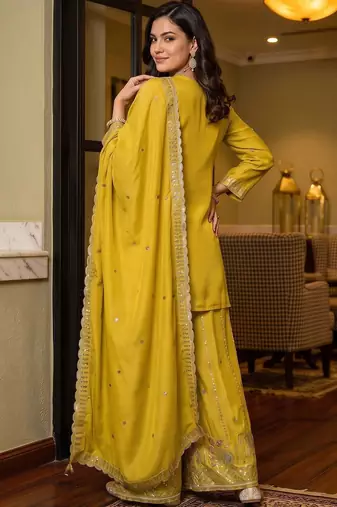 women ethnic motifs regular sequinned kurta with sharara & with dupatta