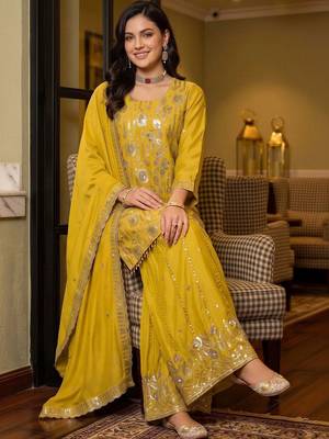 women ethnic motifs regular sequinned kurta with sharara & with dupatta 5