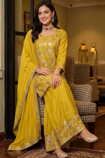 women ethnic motifs regular sequinned kurta with sharara & with dupatta