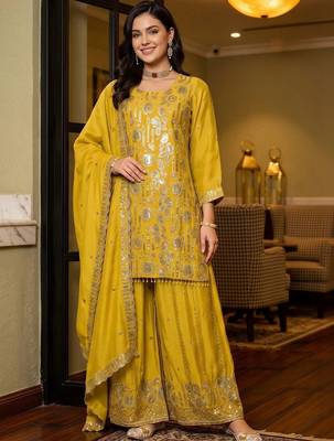 women ethnic motifs regular sequinned kurta with sharara & with dupatta 6
