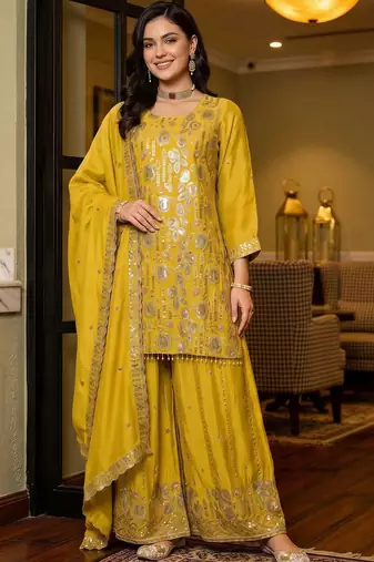 women ethnic motifs regular sequinned kurta with sharara & with dupatta