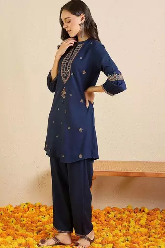 women ethnic motifs embroidered regular mirror work kurta with palazzos