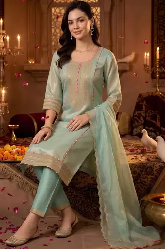 women ethnic motifs embroidered regular kurta with trousers & with dupatta