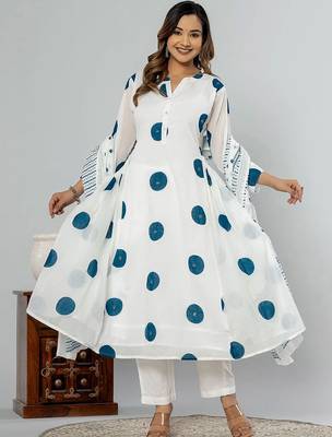 women printed regular cotton kurta with trousers & with dupatta 1