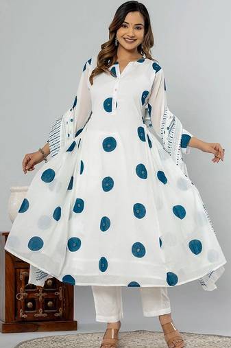 women printed regular cotton kurta with trousers & with dupatta