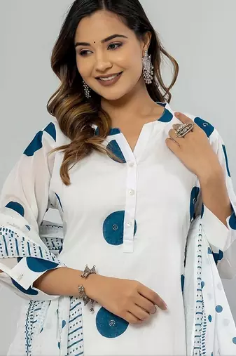 women printed regular cotton kurta with trousers & with dupatta