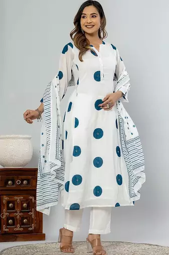 women printed regular cotton kurta with trousers & with dupatta