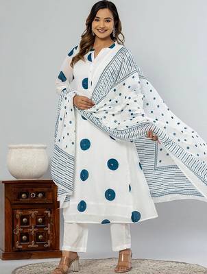 women printed regular cotton kurta with trousers & with dupatta 6