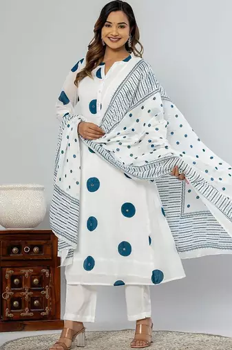 women printed regular cotton kurta with trousers & with dupatta