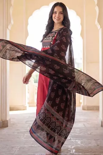 women ethnic motifs yoke design regular cotton kurta with palazzos & with dupatta