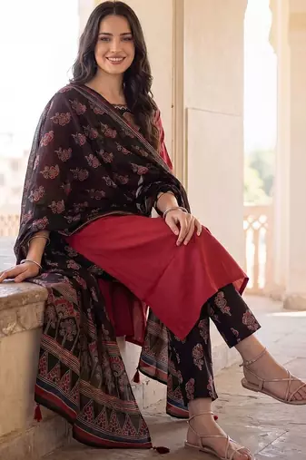 women ethnic motifs yoke design regular cotton kurta with palazzos & with dupatta