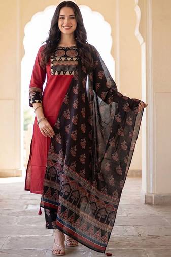 women ethnic motifs yoke design regular cotton kurta with palazzos & with dupatta