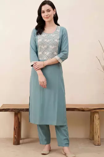 women ethnic motifs embroidered regular thread work kurta with trousers