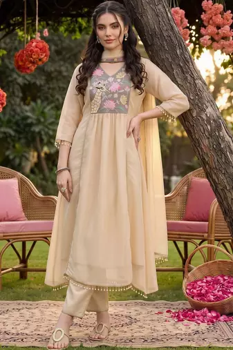 women floral embroidered empire thread work kurta with trousers & with dupatta