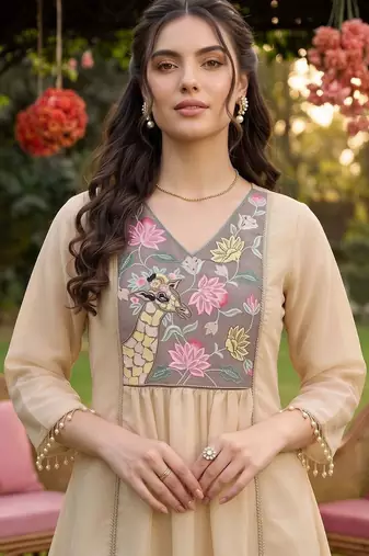 women floral embroidered empire thread work kurta with trousers & with dupatta