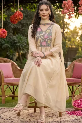 women floral embroidered empire thread work kurta with trousers & with dupatta