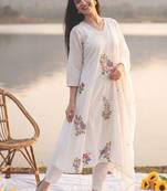 women ethnic motifs embroidered regular thread work cotton kurta with trousers & with dupatta