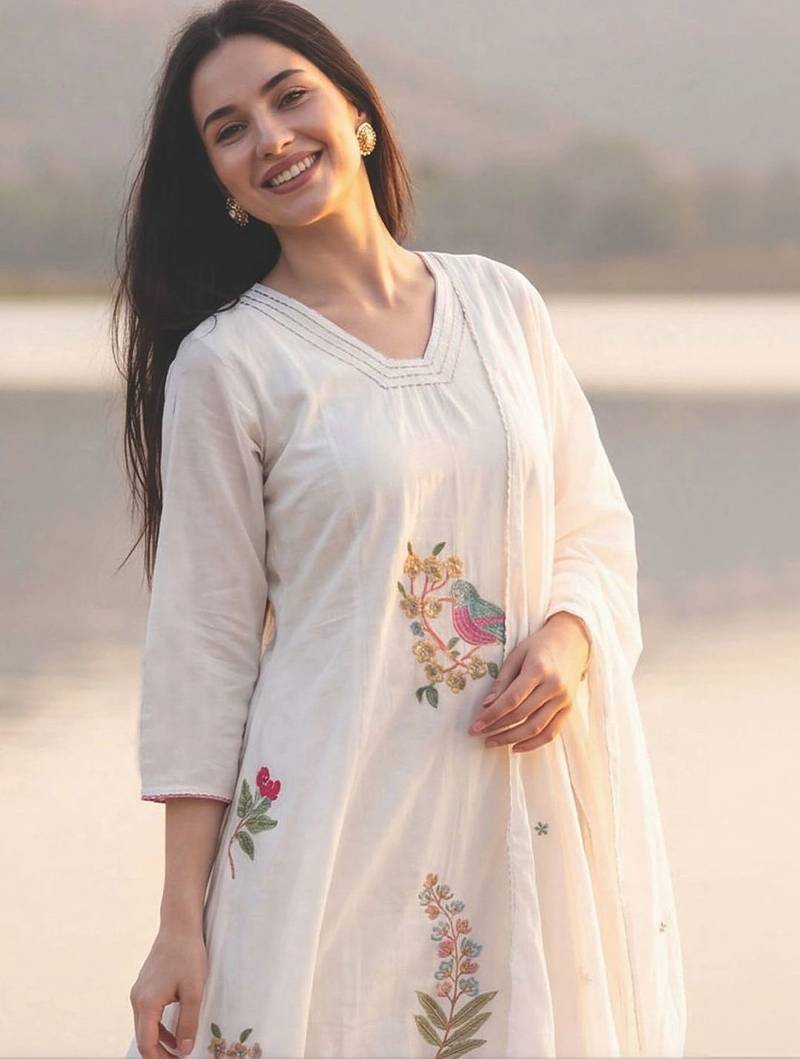 women ethnic motifs embroidered regular thread work cotton kurta with trousers & with dupatta