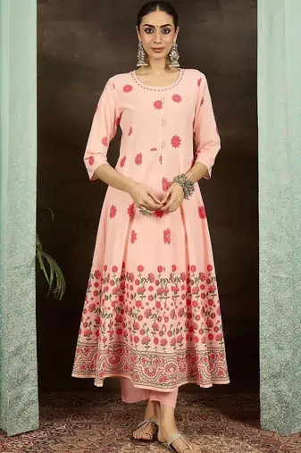 women floral printed regular cotton kurta with trousers & with dupatta