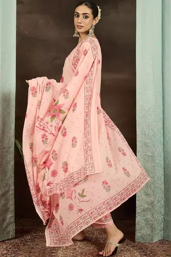 women floral printed regular cotton kurta with trousers & with dupatta