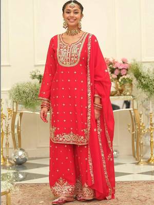 women ethnic motifs embroidered regular thread work kurta with palazzos & with dupatta 1