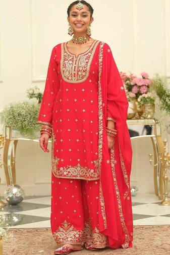 women ethnic motifs embroidered regular thread work kurta with palazzos & with dupatta