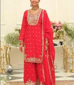 women ethnic motifs embroidered regular thread work kurta with palazzos & with dupatta