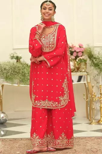 women ethnic motifs embroidered regular thread work kurta with palazzos & with dupatta
