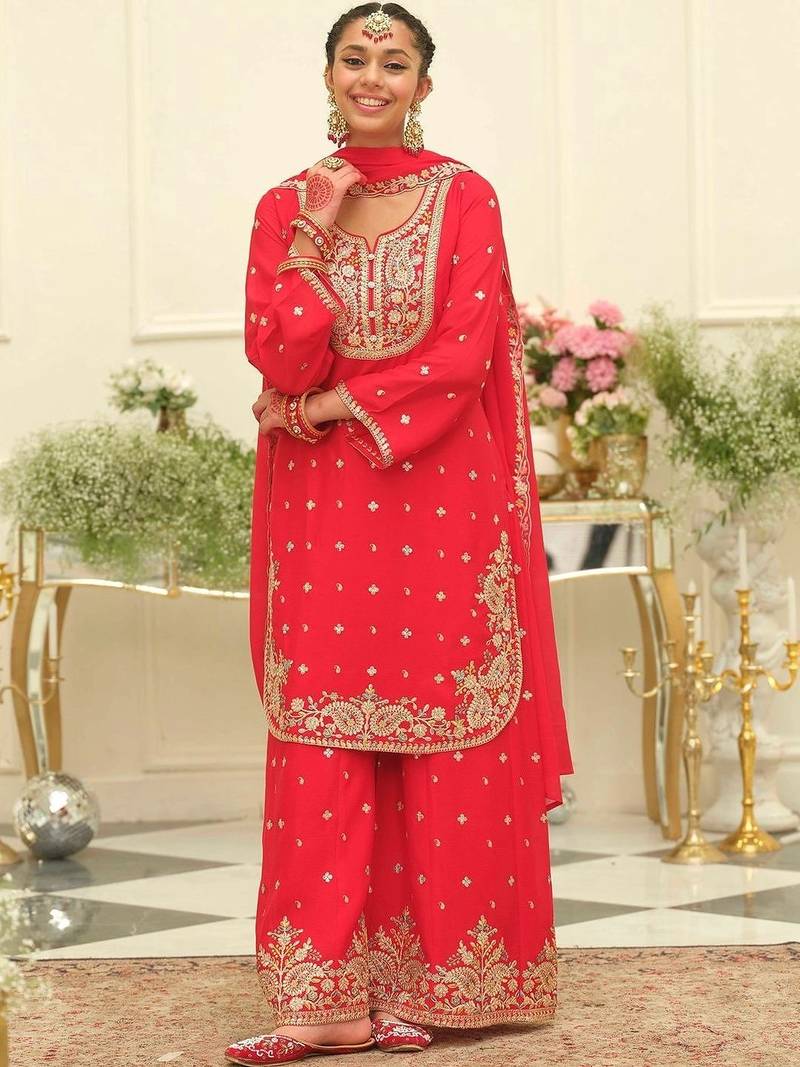 women ethnic motifs embroidered regular thread work kurta with palazzos & with dupatta