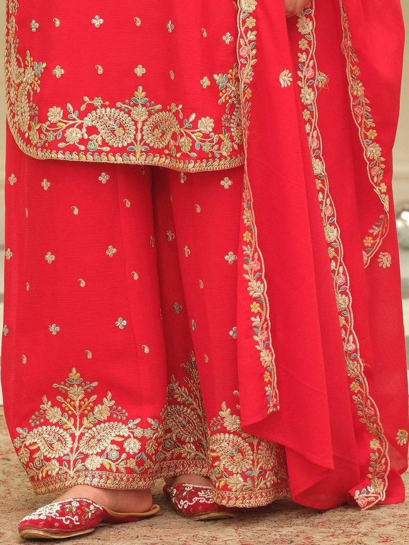 women ethnic motifs embroidered regular thread work kurta with palazzos & with dupatta