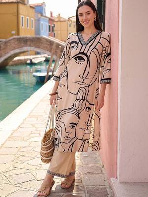 women printed regular kurta with trousers 1