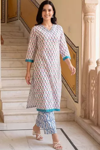 women ethnic motifs printed regular cotton kurta with palazzos