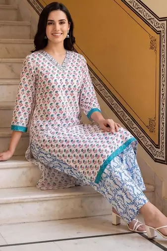 women ethnic motifs printed regular cotton kurta with palazzos