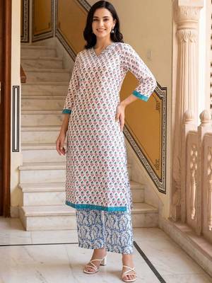 women ethnic motifs printed regular cotton kurta with palazzos 6