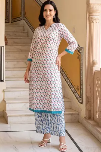 women ethnic motifs printed regular cotton kurta with palazzos