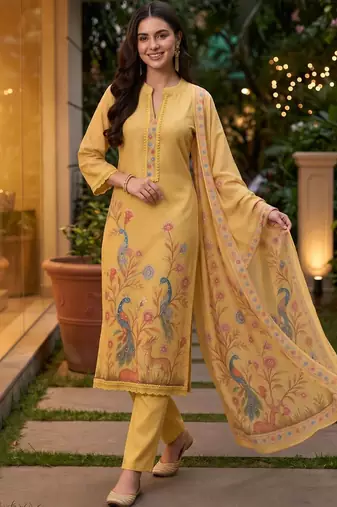 women ethnic motifs printed regular linen kurta with trousers & with dupatta
