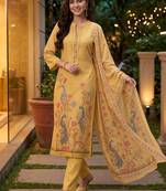 women ethnic motifs printed regular linen kurta with trousers & with dupatta