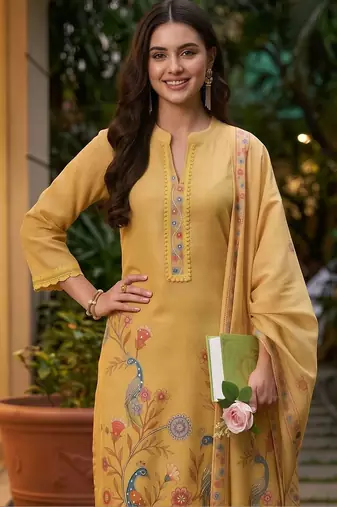 women ethnic motifs printed regular linen kurta with trousers & with dupatta