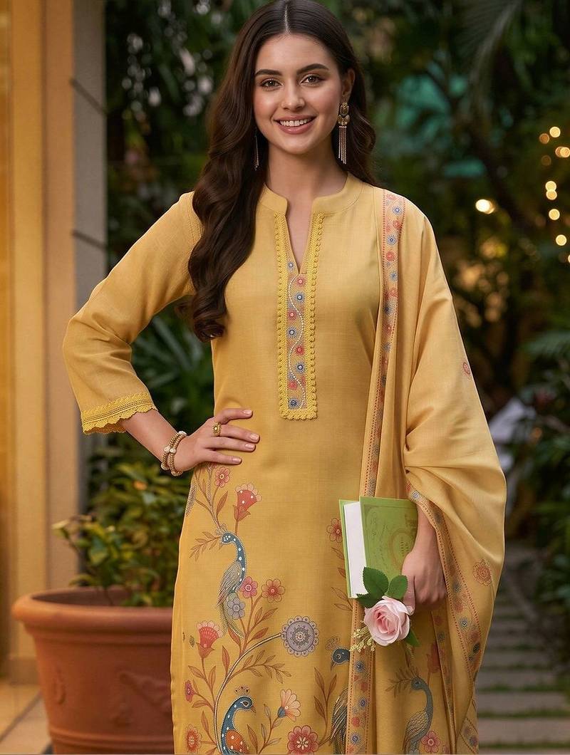 women ethnic motifs printed regular linen kurta with trousers & with dupatta