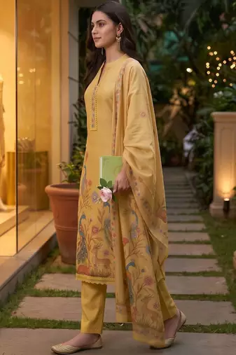 women ethnic motifs printed regular linen kurta with trousers & with dupatta