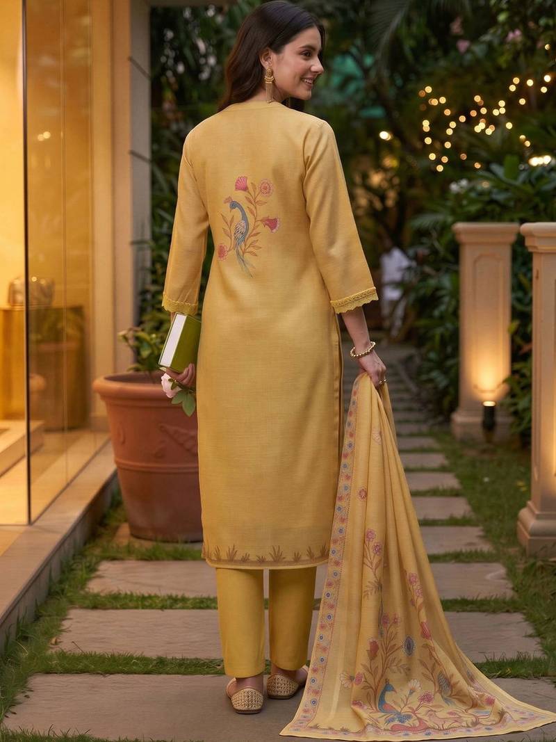 women ethnic motifs printed regular linen kurta with trousers & with dupatta