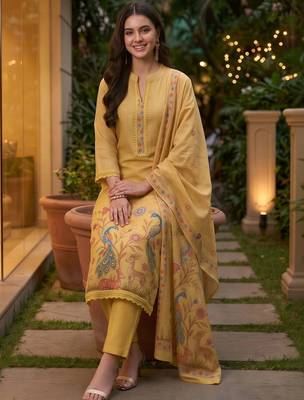 women ethnic motifs printed regular linen kurta with trousers & with dupatta 5