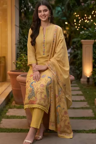 women ethnic motifs printed regular linen kurta with trousers & with dupatta