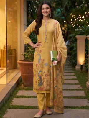 women ethnic motifs printed regular linen kurta with trousers & with dupatta 6