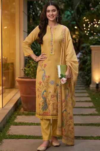 women ethnic motifs printed regular linen kurta with trousers & with dupatta