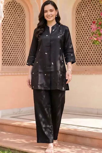 women ethnic motifs embroidered regular thread work kurta with palazzos